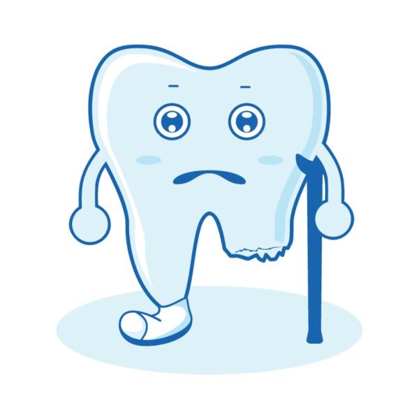 Risana ilustracija poškodovanega zoba, ki ga mora popraviti zobozdravnik.